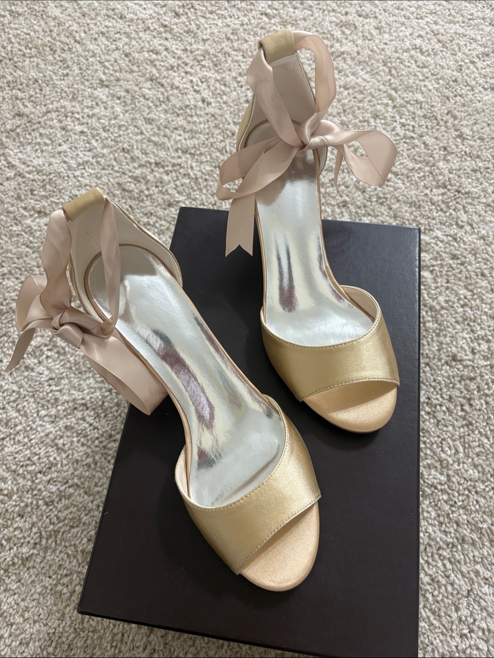 Satin Open-Toe Wedge Sandals in Light Gold with Ankle Tie